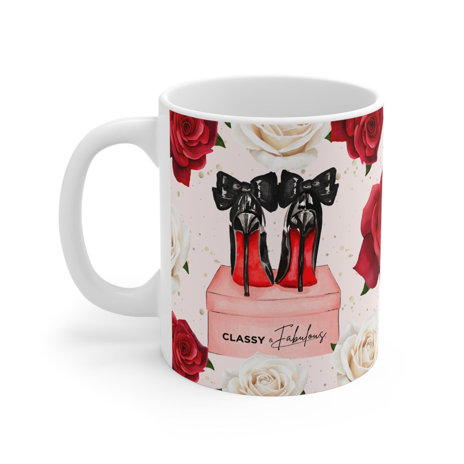 Mug with red high heels and roses design on a white background