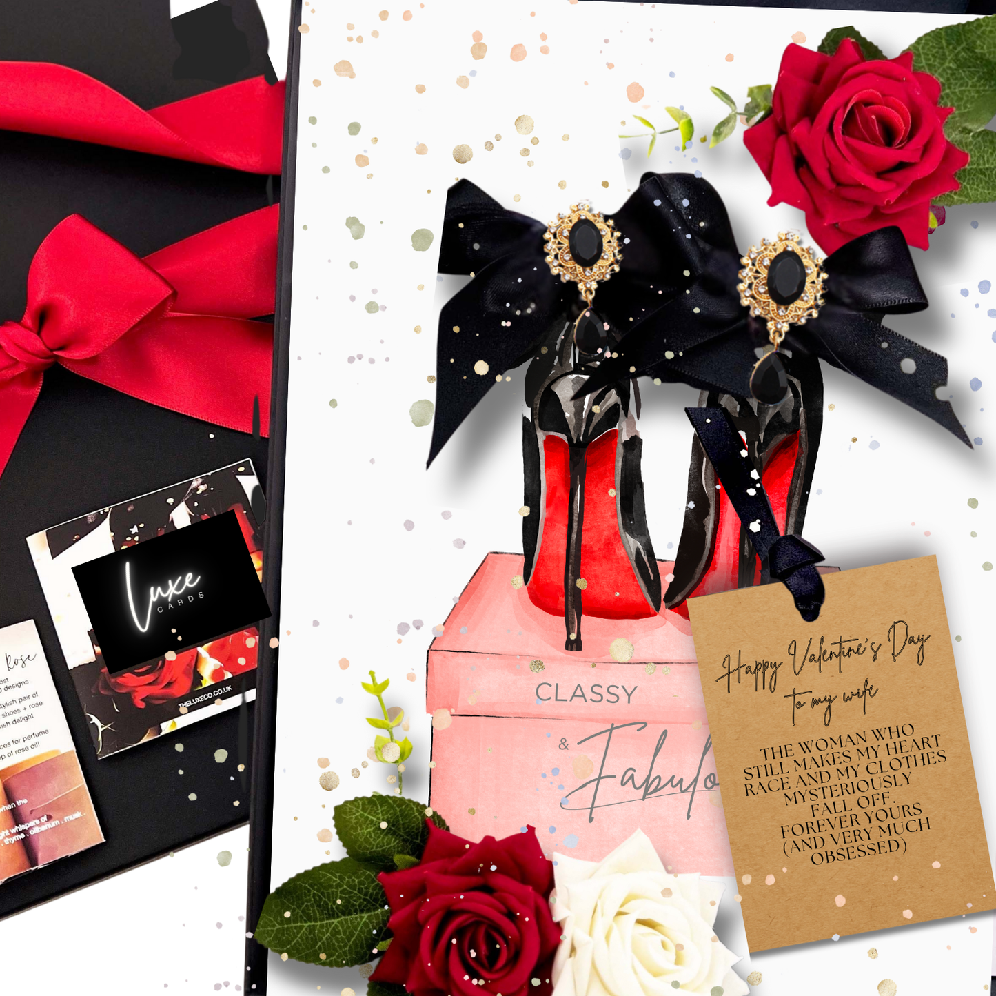 Sexy Wife Black Heels Shoe Scented Valentines Card with high-heeled shoes, roses, and decorative elements.