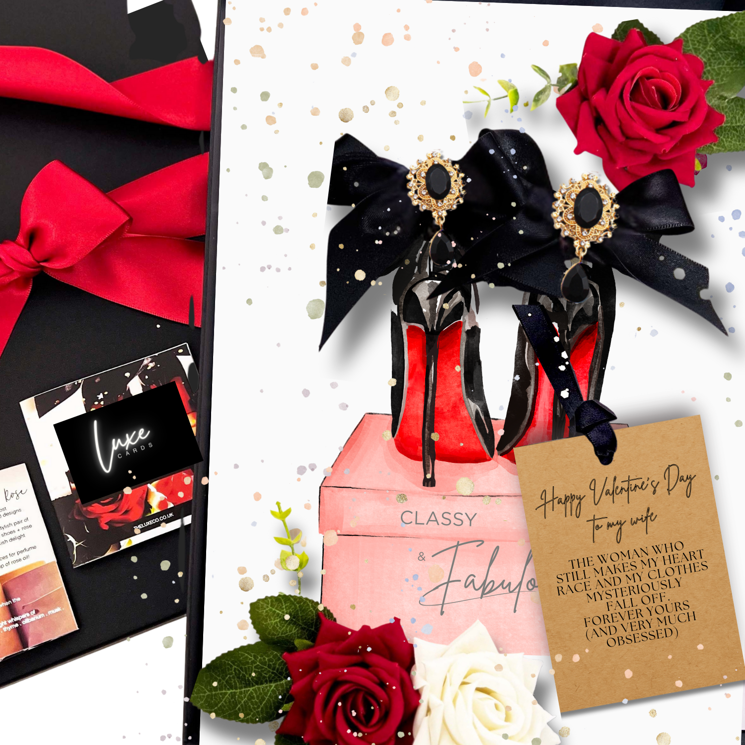 Sexy Wife Black Heels Shoe Scented Valentines Card with high-heeled shoes, roses, and decorative elements.