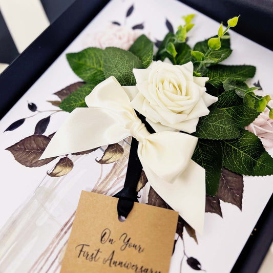 First Anniversary card in gift box with handmade luxury velvet forever rose