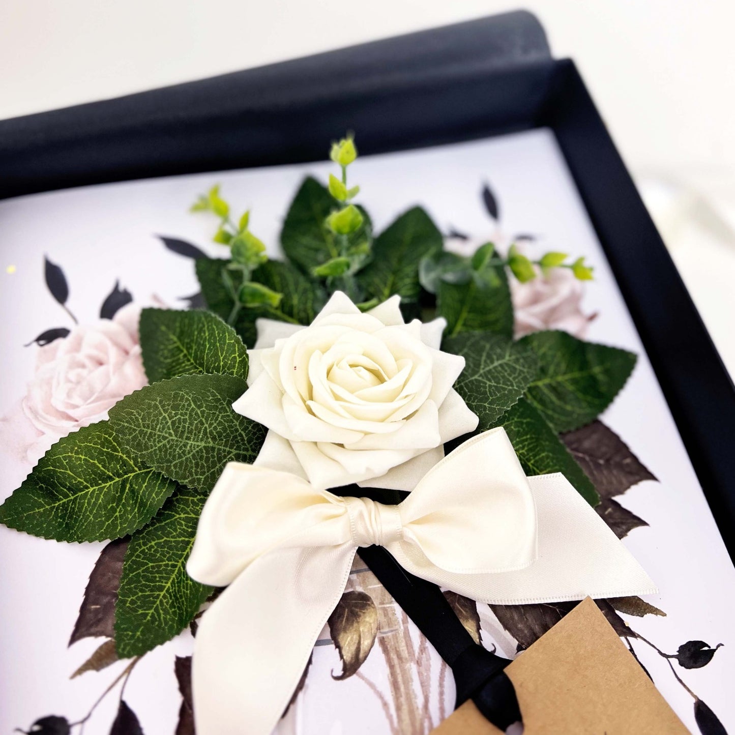 Close up of ivory rose personalised wedding card that smells of rose petals | The Luxe Co