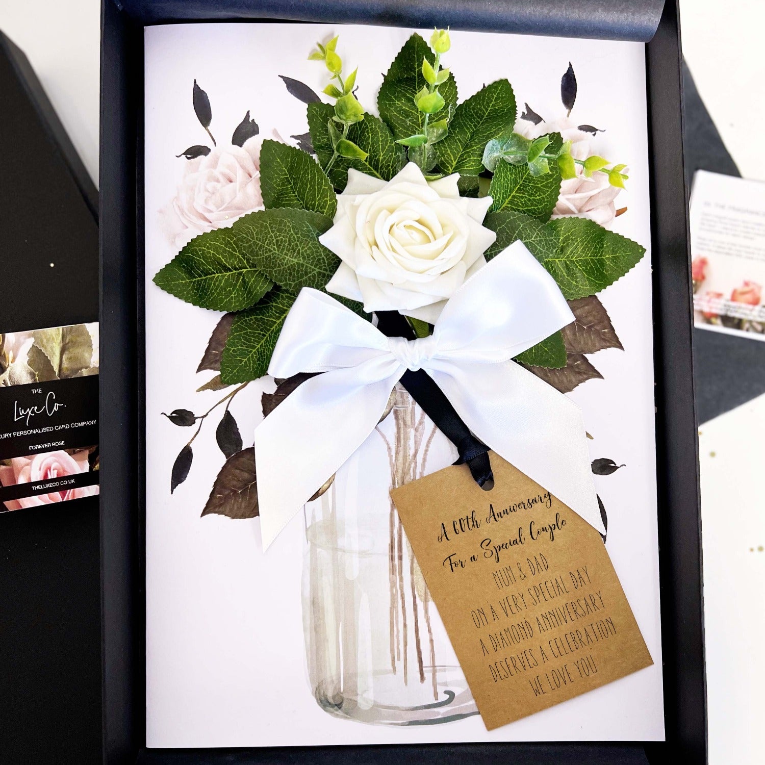 60th Anniversary Scented luxury Handmade Ivory Rose Card with White sa ...