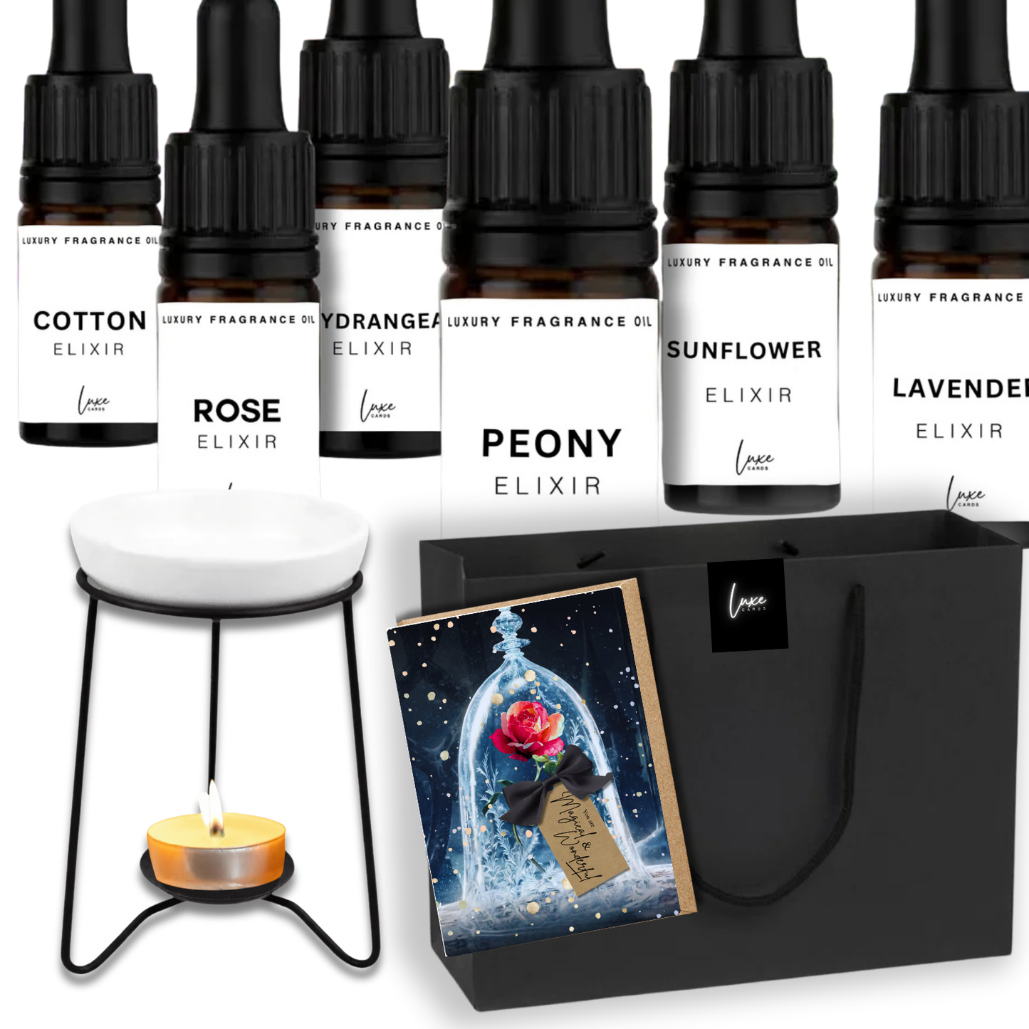 Home Fragrance Gift Set (incl. scented card, elixir & oil burner in gift bag)