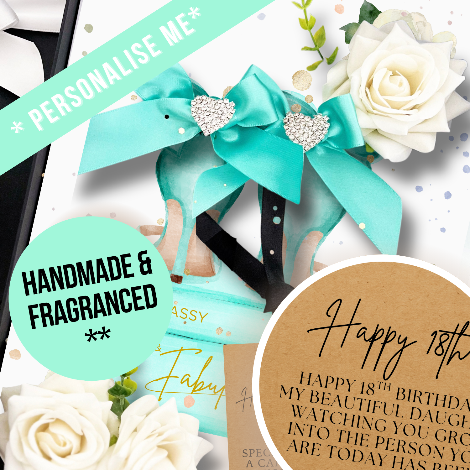 Handmade Luxury 18th Birthday Card with ribbons, heart crystals and scented everlasting roses