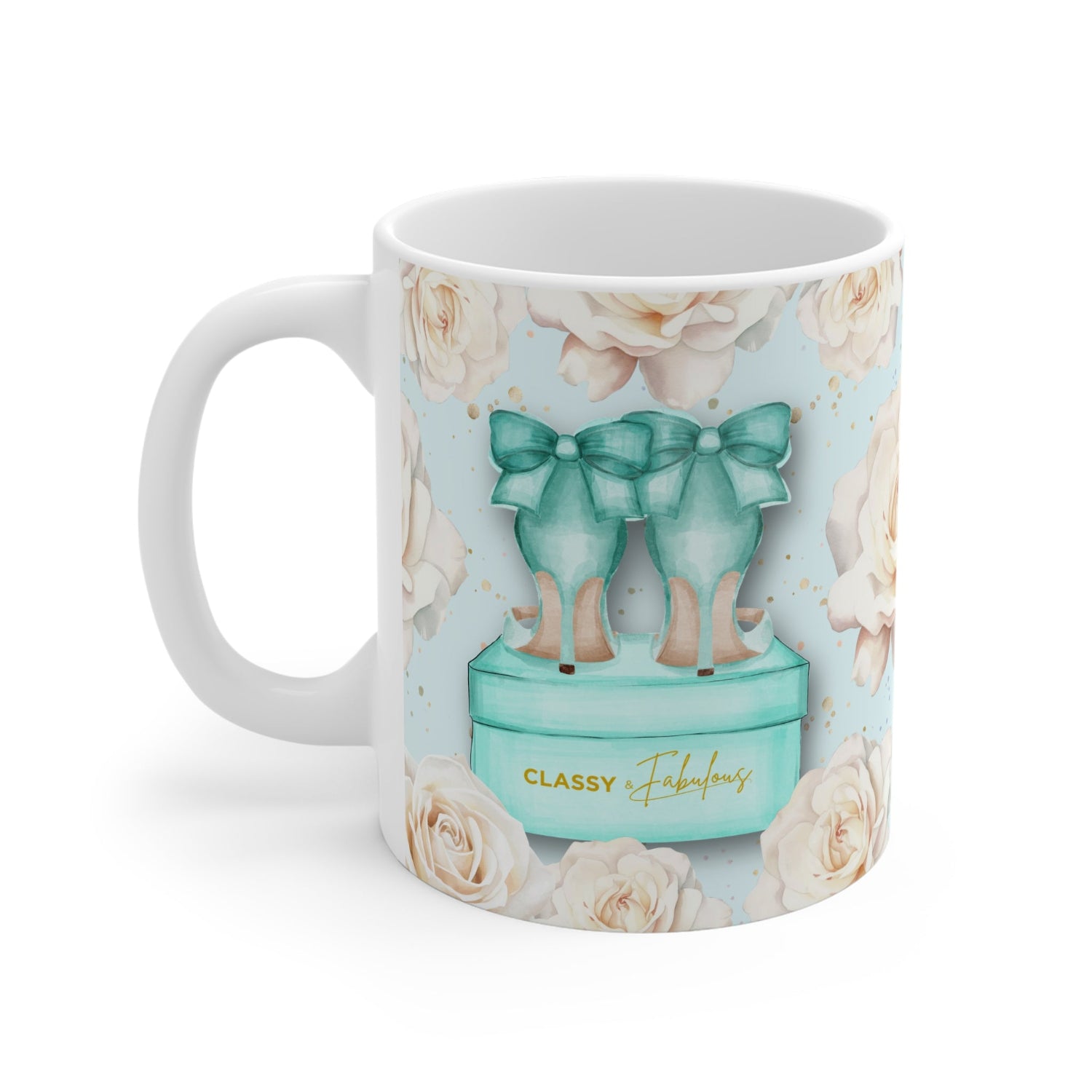 Mug with floral design and 'Classy & Fabulous' text on a white background