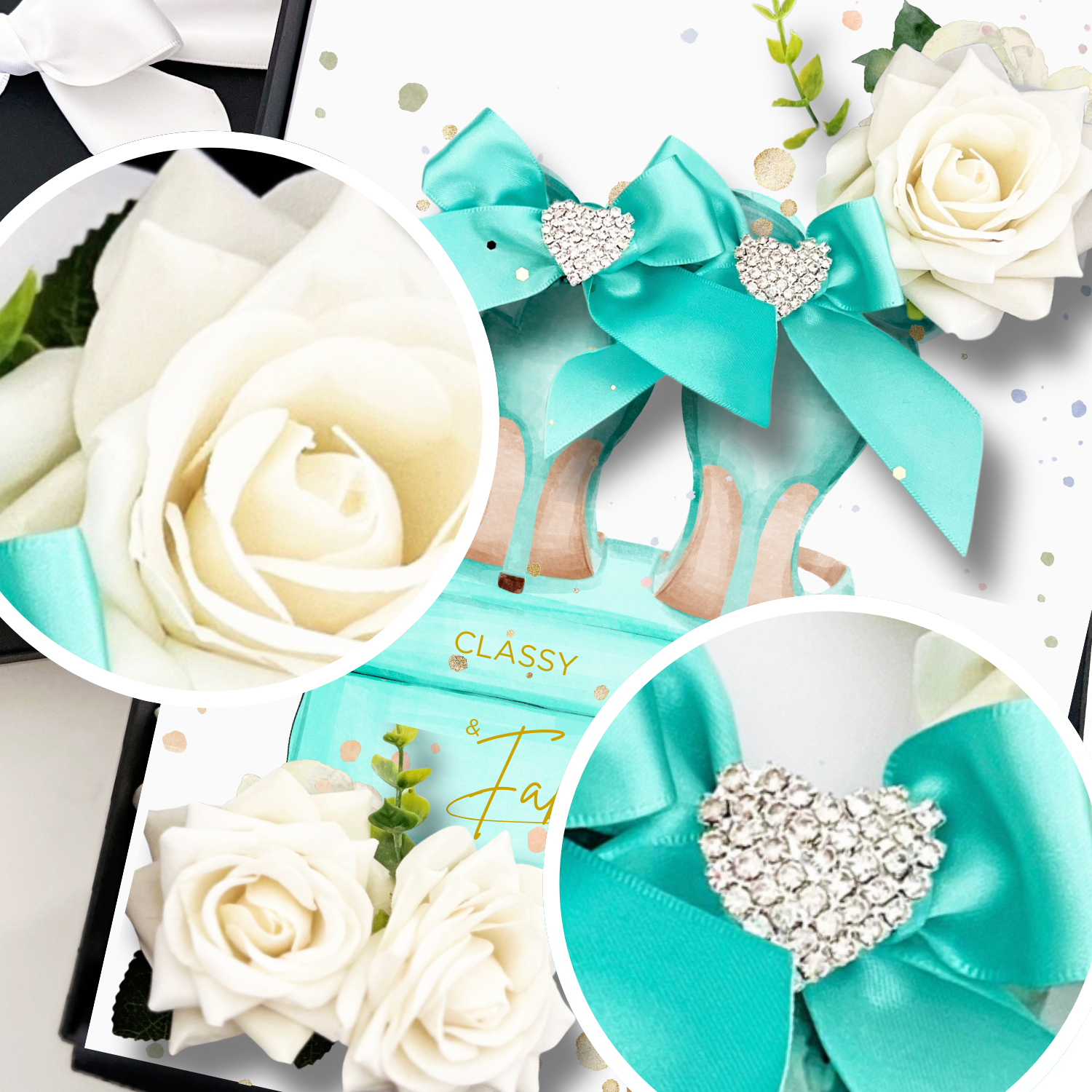 Turquoise shoes 18th Birthday Card with white roses and decorative ribbons on a white background. Fully Personalised