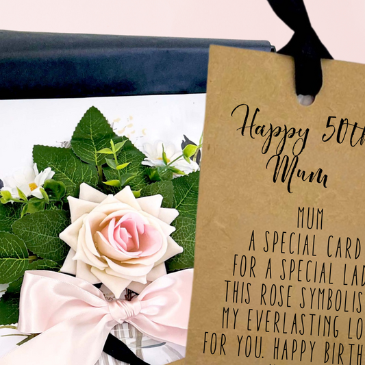 Bouquet of roses Card with a personalised 'Happy 50th Mum' tag 3d handmade roses that last forever and are scented with rose