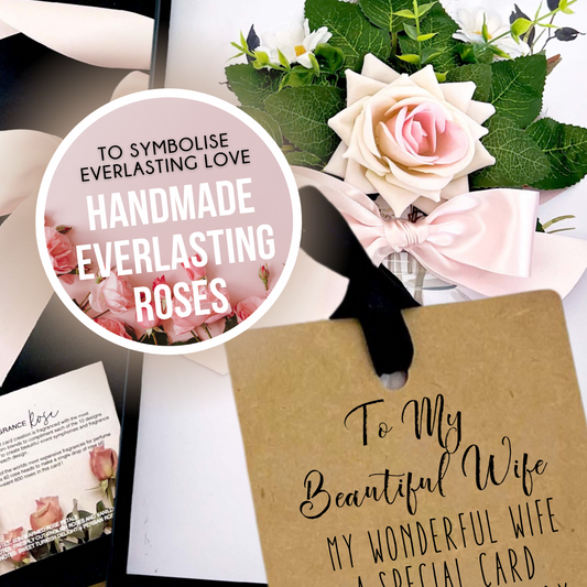 Handmade everlasting roses wife birthday handmade card with a card and decorative elements on a white background