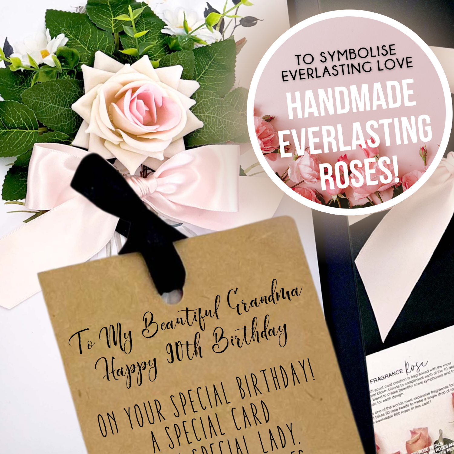 90th Blush Rose Birthday Gift For Her Gran Grandma WifeBouquet of flowers with a personalized card for a 90th birthday, featuring text about everlasting love.