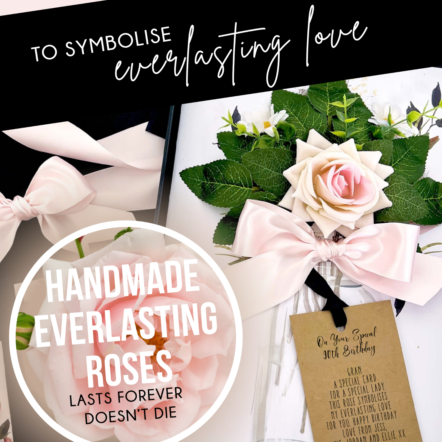 90th Bouquet of birthday flowers gift with pink ribbons and a tag, symbolizing everlasting love.