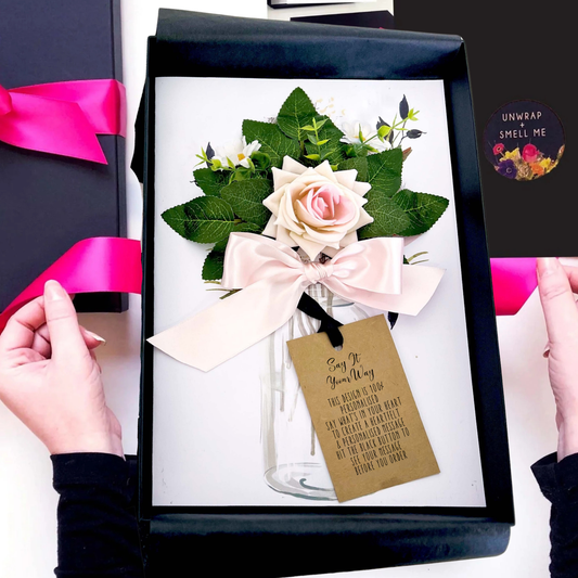 Blush Bloom Birthday Card - Handmade blush everlasting rose personalised scented card in luxury black rigid gift box for special ages for her