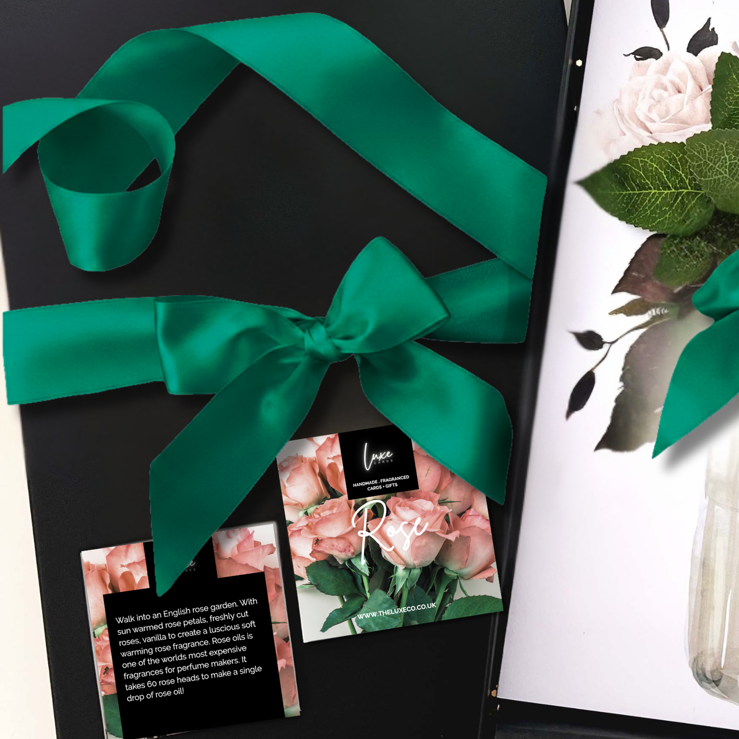 Luxury Emerald Cards come with a 2 piece luxe Black gift box tied with emerald green satin ribbon bow to make a gift for emerald gemstone cards