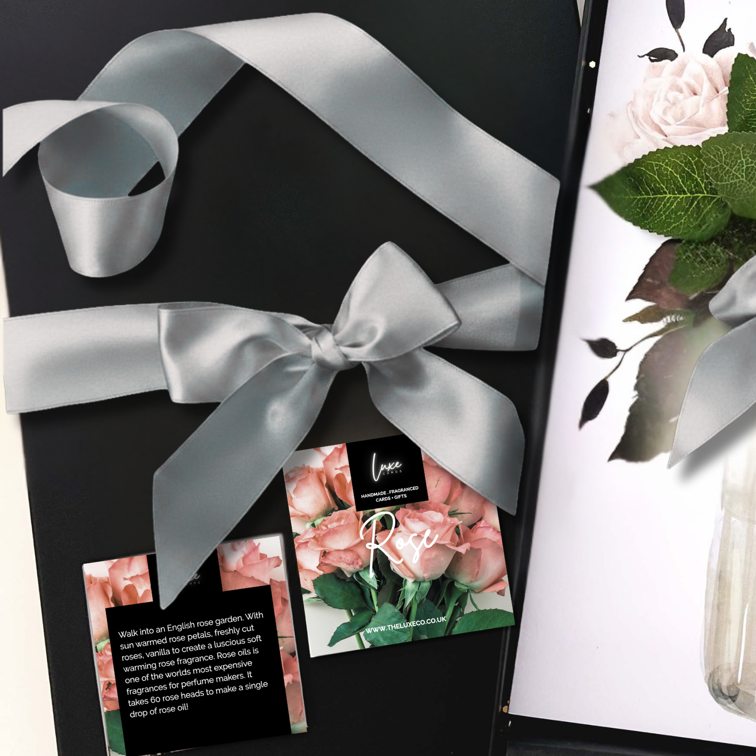 Card comes in luxury 2 piece right luxe gift box tied with a big silver bow