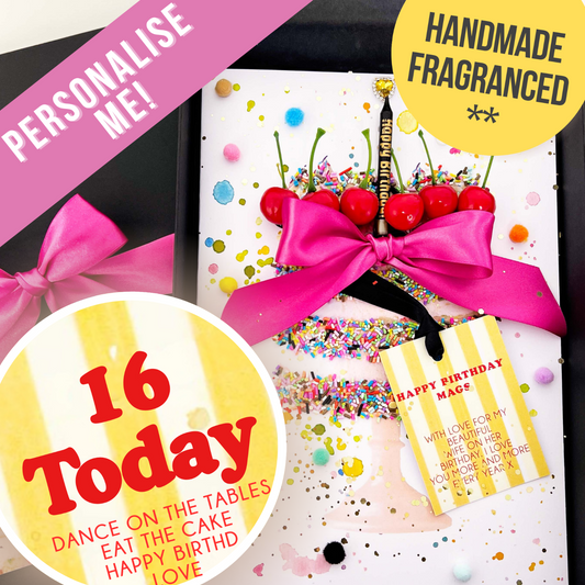 Unique Luxury 16th Birthday Card handmade and fragranced with cake 