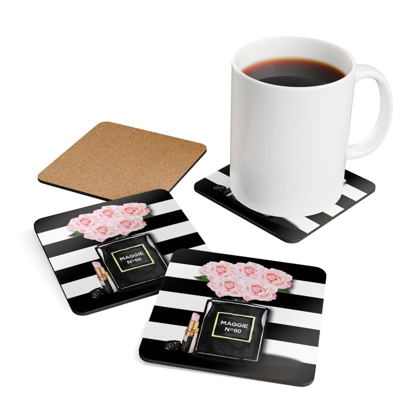 Fabulous at 60! Set of 4 60th birthday coasters gift with black and white stripes and floral design, one with a cork back, and a mug with coffee on a white background.