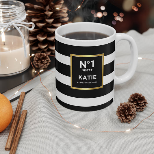Black and white striped mug with personalised name and print Personalised Panache White Mug with Monochrome Stripe