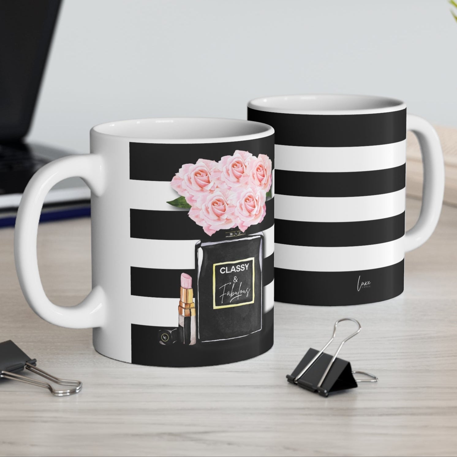 Black and white Classy and Fabulous Mugs with blush pink roses by luxury gift company