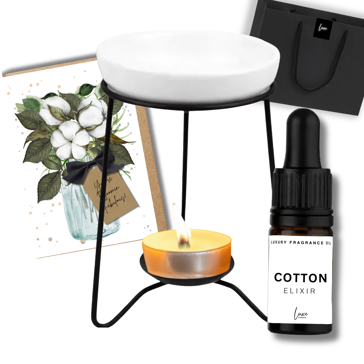 Home Fragrance Gift Set (incl. scented card, elixir & oil burner in gift bag)