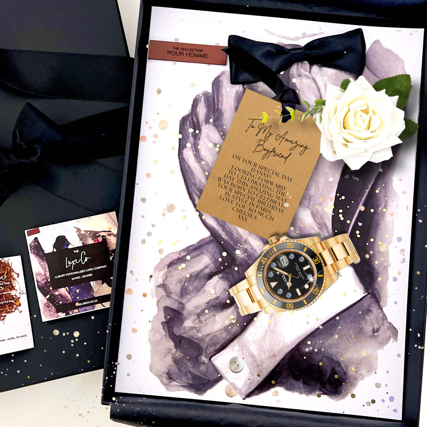 Personalised Luxury Birthday Card for Boyfriend with Cologne Scent handmade with Gold watch with a bow and flower
