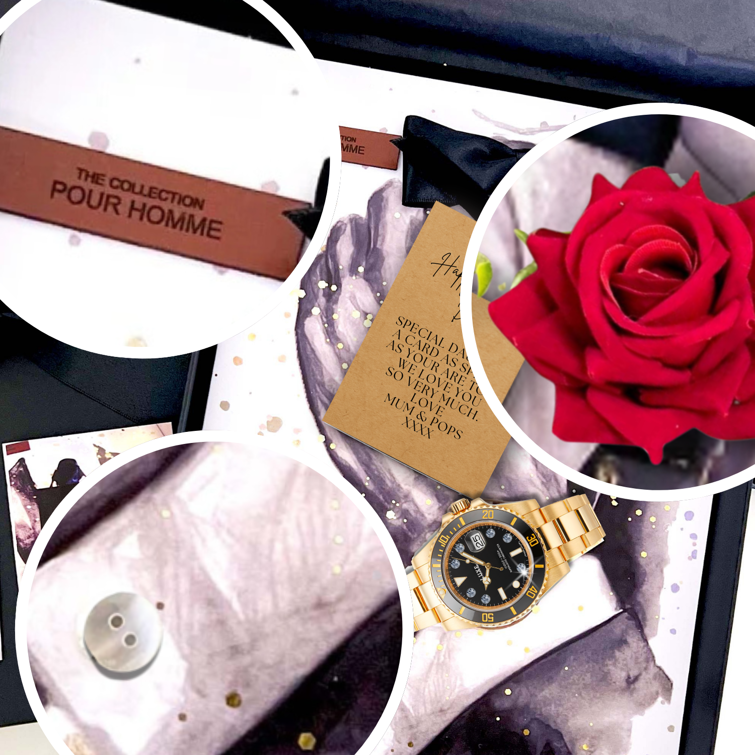 Up Close with The Luxury Dapper Gent Card - Everlasting handmade roses, leather tag, mother of pearl button and watch with crystal embellishments