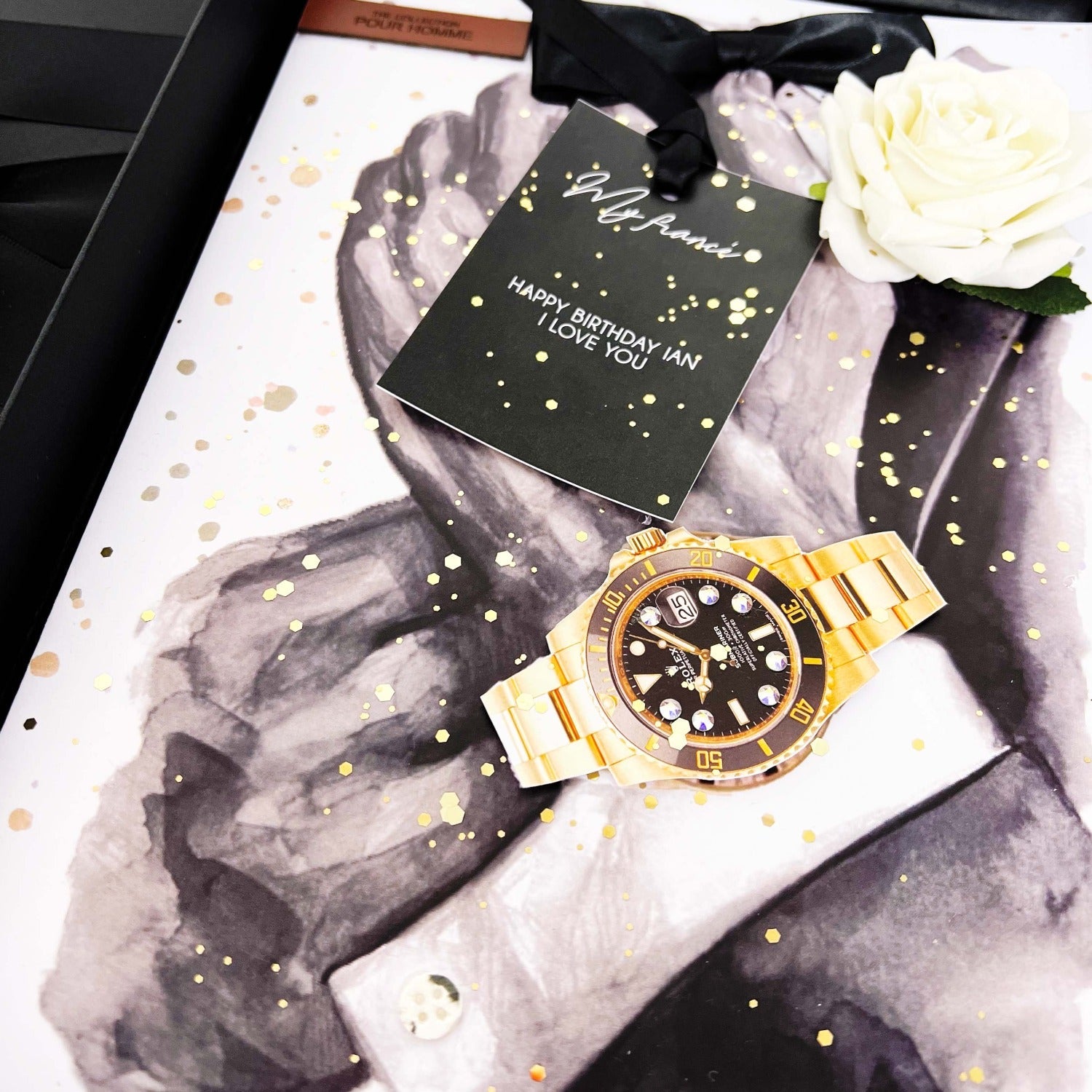 Personalised scented greetings card for him with Swarosvki crystal encrusted rolex style watch.