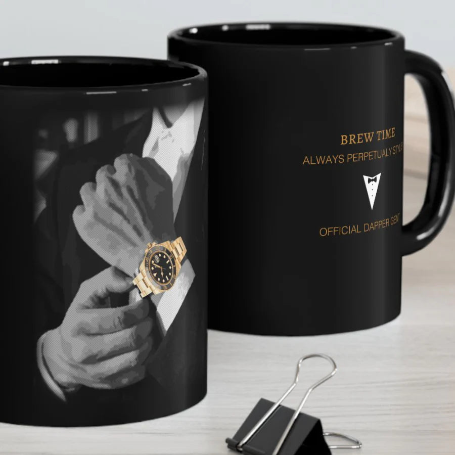 The Dapper Mug to match Dapper Gent Cards. The perfect gift for him for birthday, fathers day, anniversary, christmas, valentines. Black mug with gold watch and suit print for Brew Time for an official dapper gent
