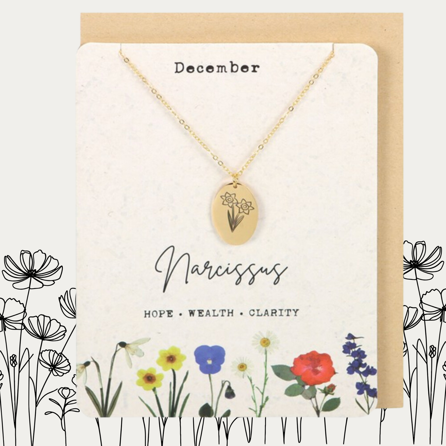 December Birthday Flower Necklace Card - The Narcissus Flower