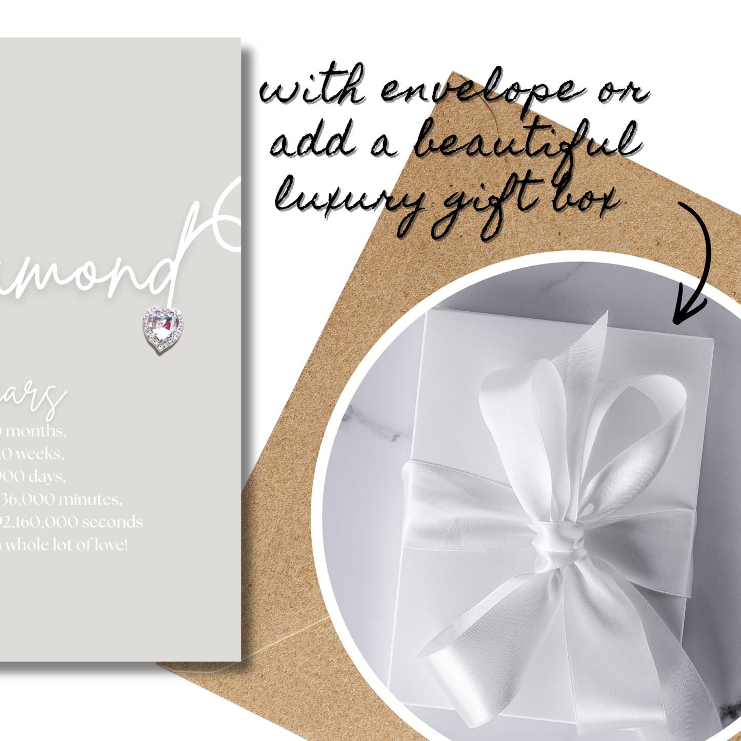 Boxed 60th Handmade A5 Swirly Sparkly Diamante Diamond Heart Anniversary Card