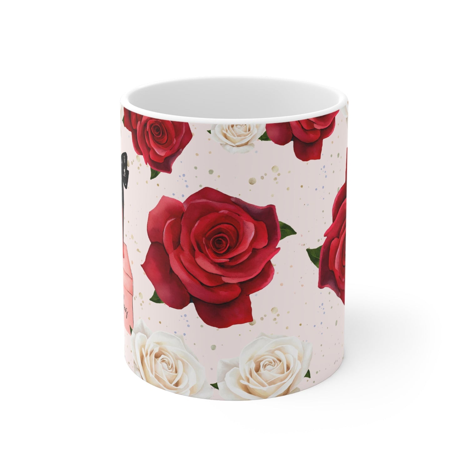 Mug with red and white rose pattern on a white background