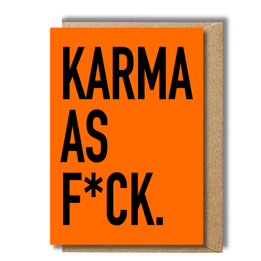 Orange and black funny birthday card for adults with KARMA AS F*CK quote
