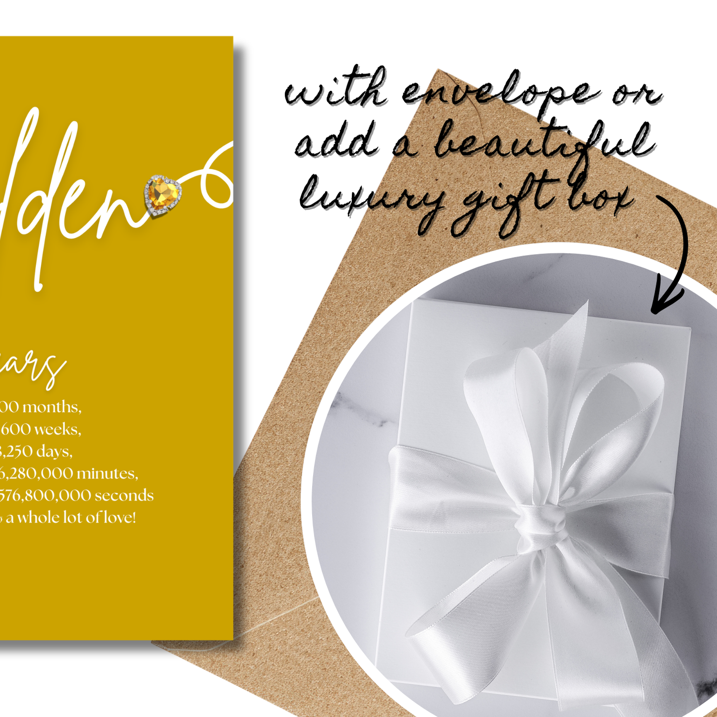 Gift Boxed 50th anniversary card with envelope and luxury gift box option on a white background