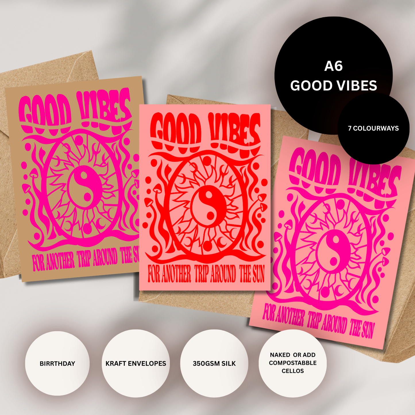 Good Vibes Psychedelic Yin Yang Birthday Card White/Black