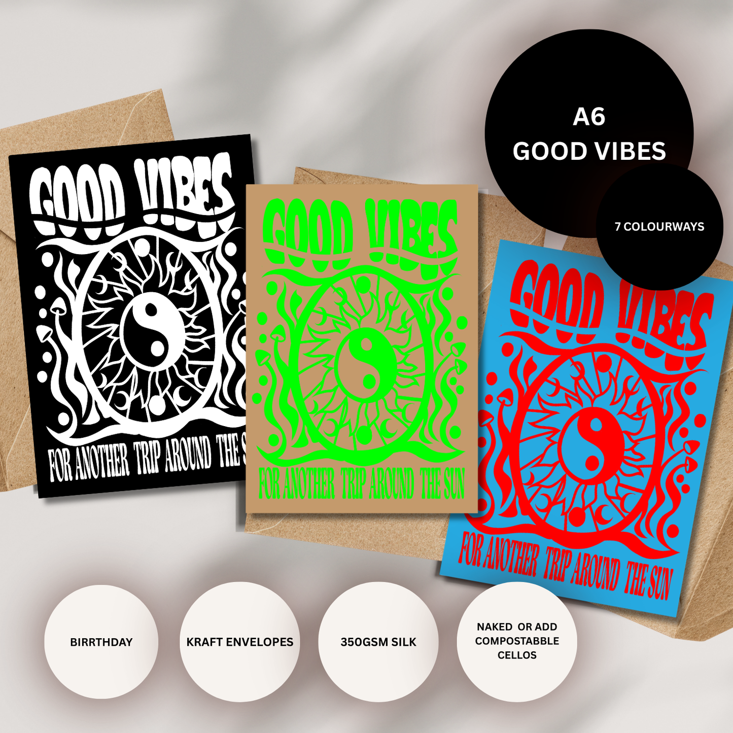 Good Vibes Psychedelic Yin Yang Birthday Card White/Black