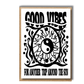 Flat lay of good vibes greeting card featuring psychedelic mushrooms and yin yang artwork.