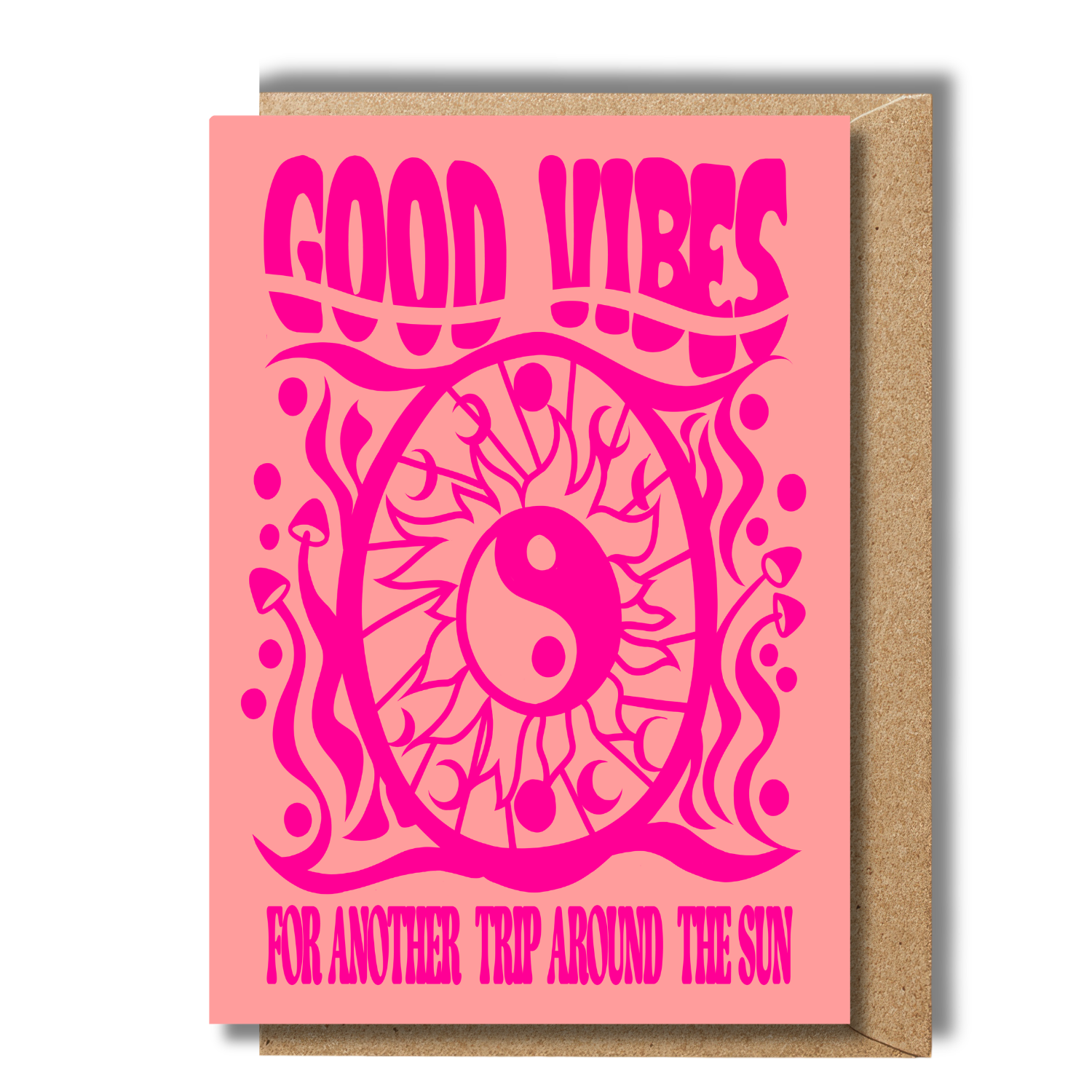 Flat lay of good vibes only birthday card featuring psychedelic mushrooms and yin yang cosmic artwork.