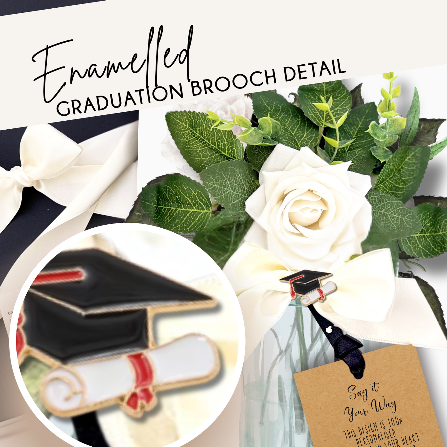 Luxury graduation card detailing shows close up of graduation pin and rose flower