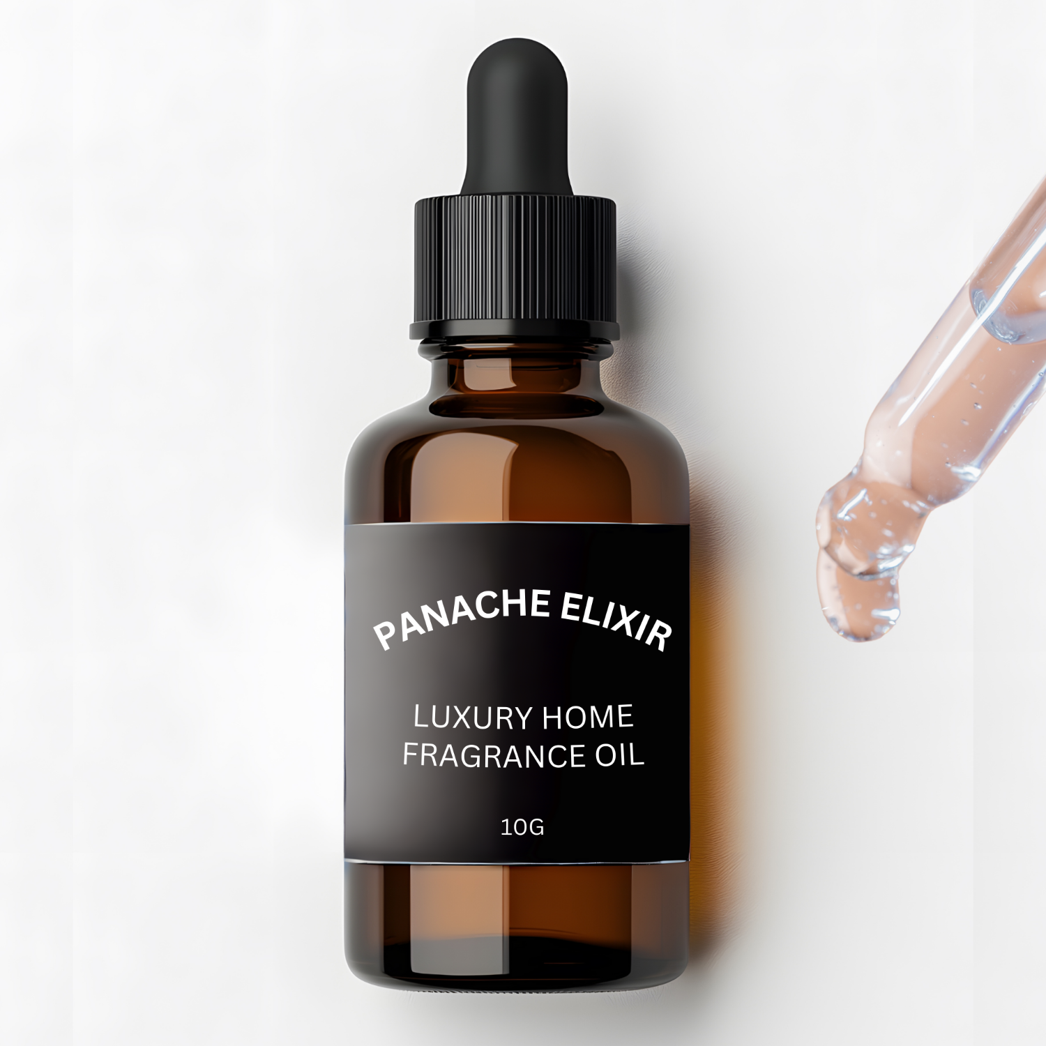 Brown glass bottle with dropper labeled 'Panache Elixir Luxury Home Fragrance Oil' on a white background