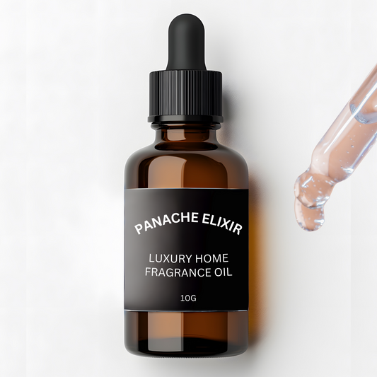 Brown glass bottle with dropper labeled 'Panache Elixir Luxury Home Fragrance Oil' on a white background