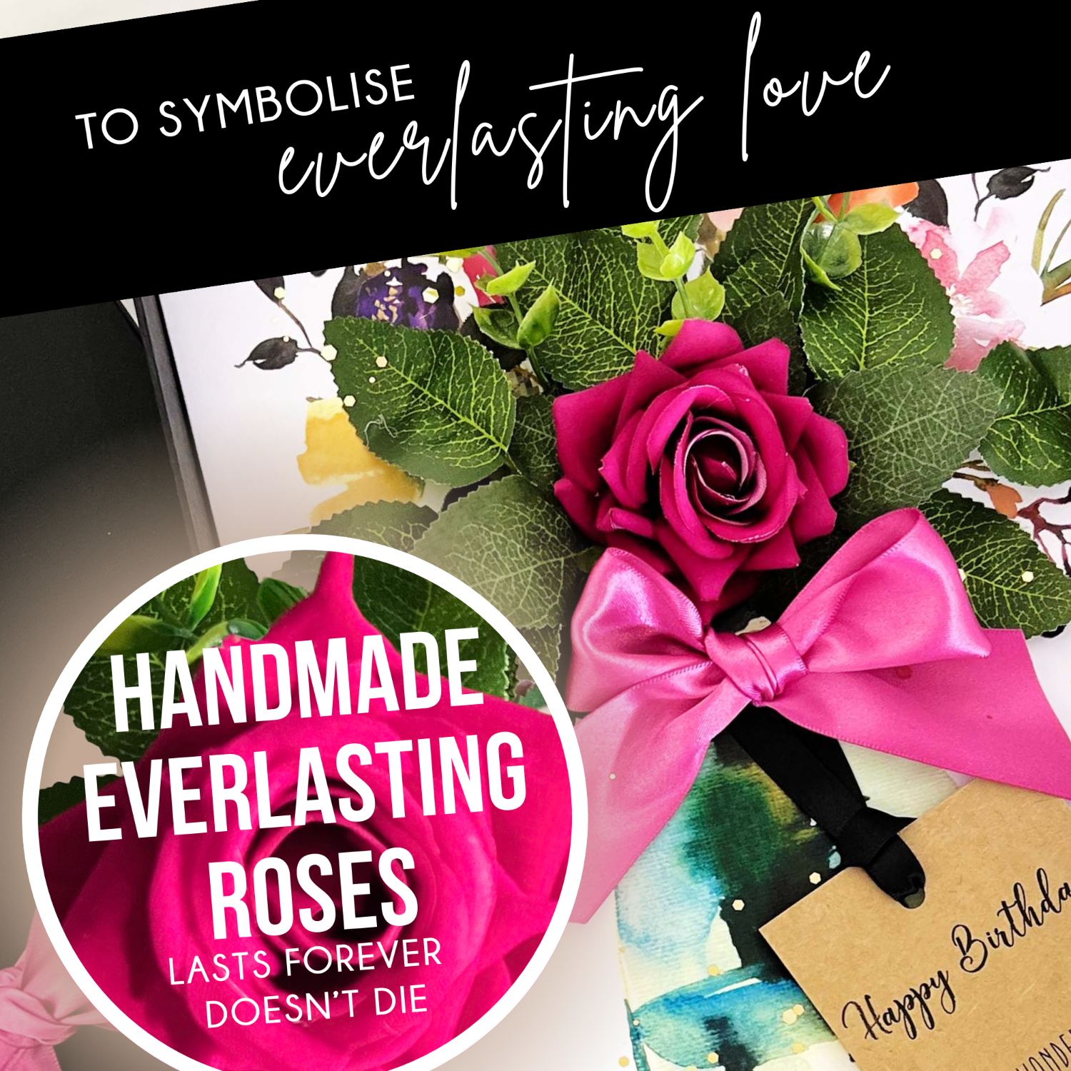Scented Cards with Bouquet of flowers with a hot pink handmade everlasting rose and green leaves, tied with a pink ribbon, on a white background. Roses won't die and symbolise everlasting love fro your loved one on a special occasion: birthday, wedding, engagement, mothers day, anniversary