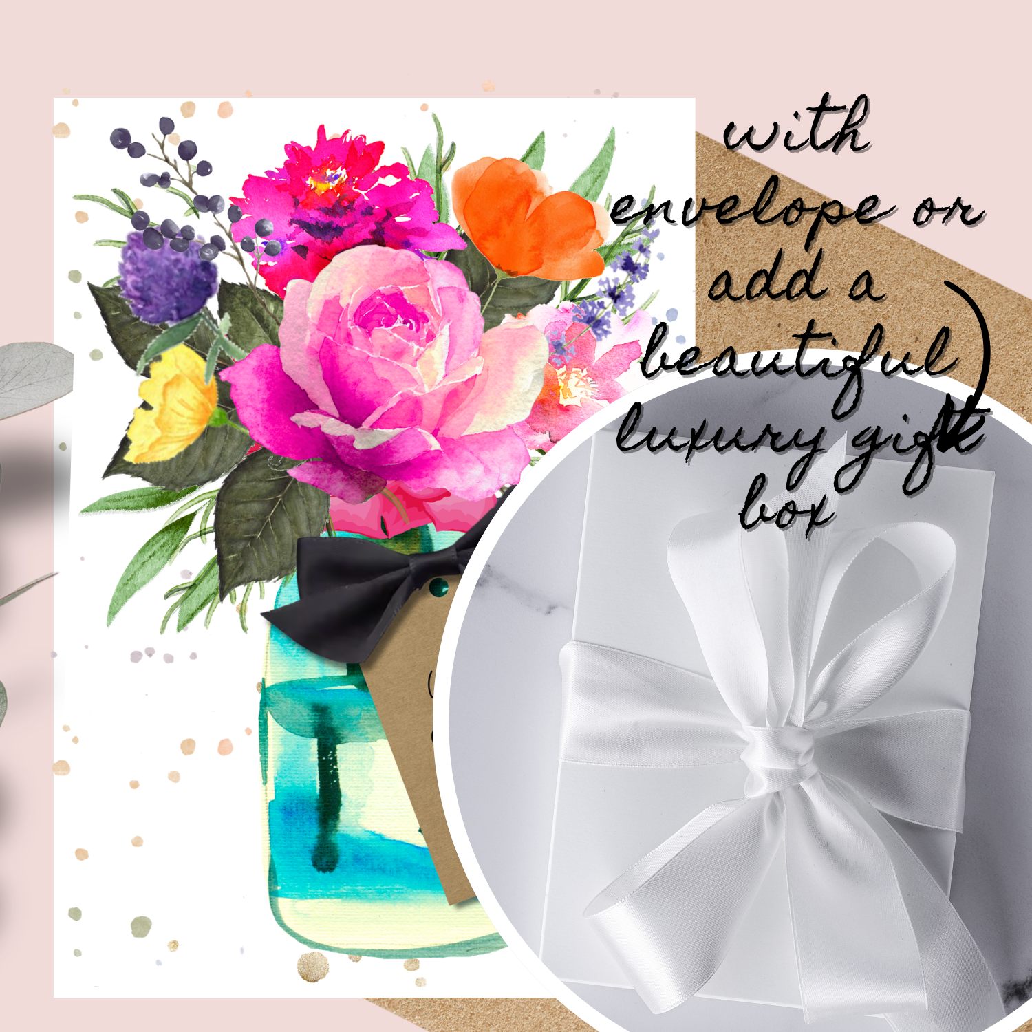 Upgrade the pink rose card to a luxury gift box. Features a luxury white rigid 2 piece gift box tied with sumptuous white satin bow to make a gift out of giving. Perfect sized cards to include cash inside too!