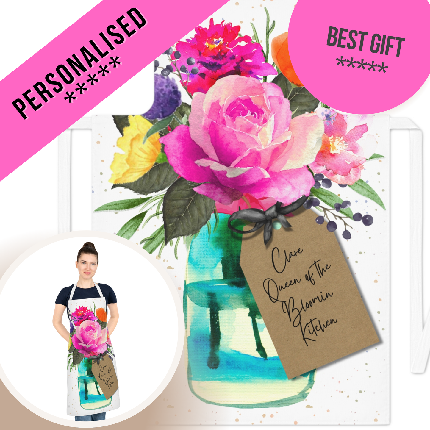 Personalised Bloom Hot Pink Rose Apron