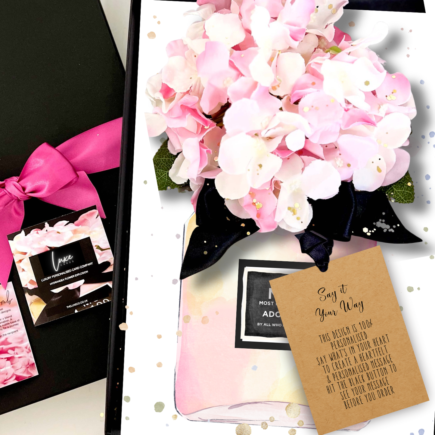 BLOOM HYDRANGEA Scented Silk Flowers in Perfume Bottle Card Design