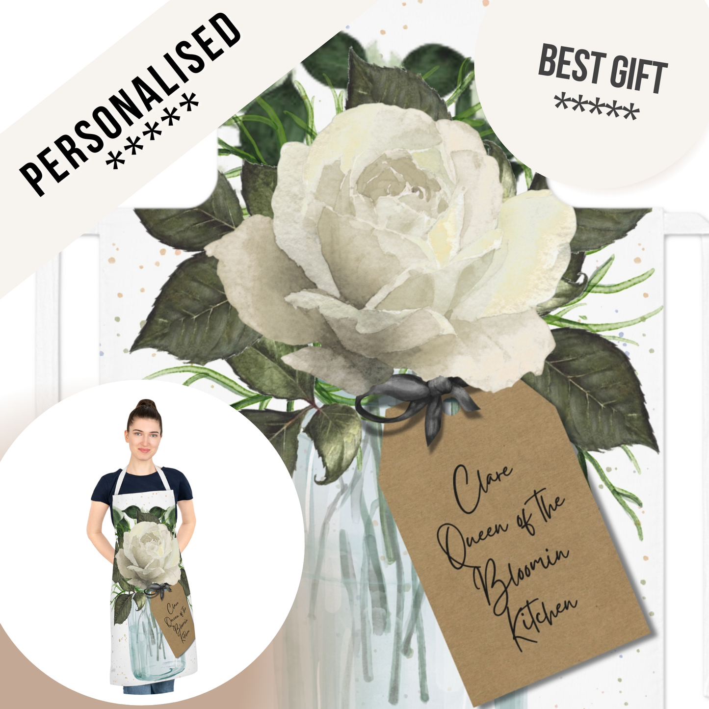 Personalised Bloom Ivory Rose Apron
