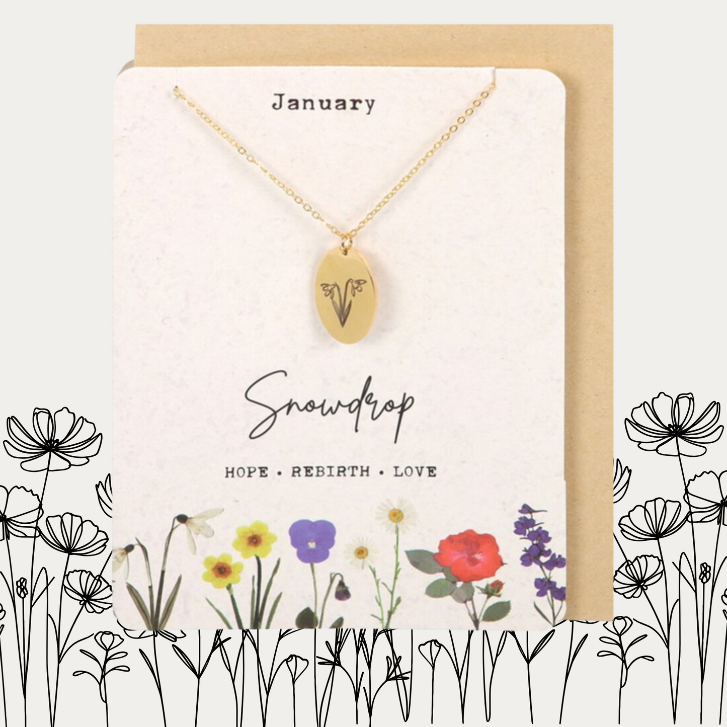 January Birthday Flower Necklace Card - The Snowdrop