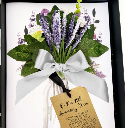 Personalised Silver Anniversary Lavender Bloom Card – Handmade Luxury Gift Bouquet of lavender and greenery with a white ribbon