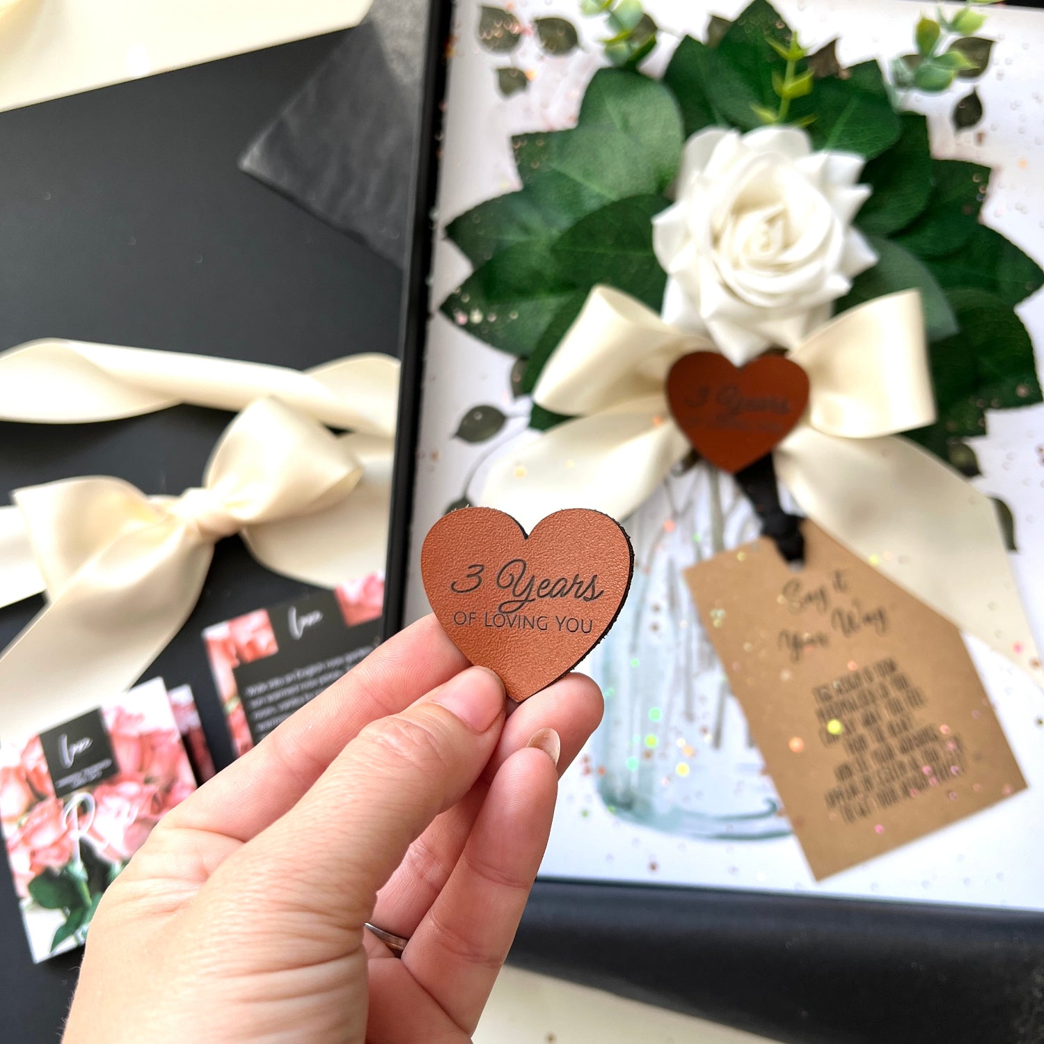 Personalised 3rd Anniversary Card and Gift | Scented Bloom Ivory Rose & Leather Heart