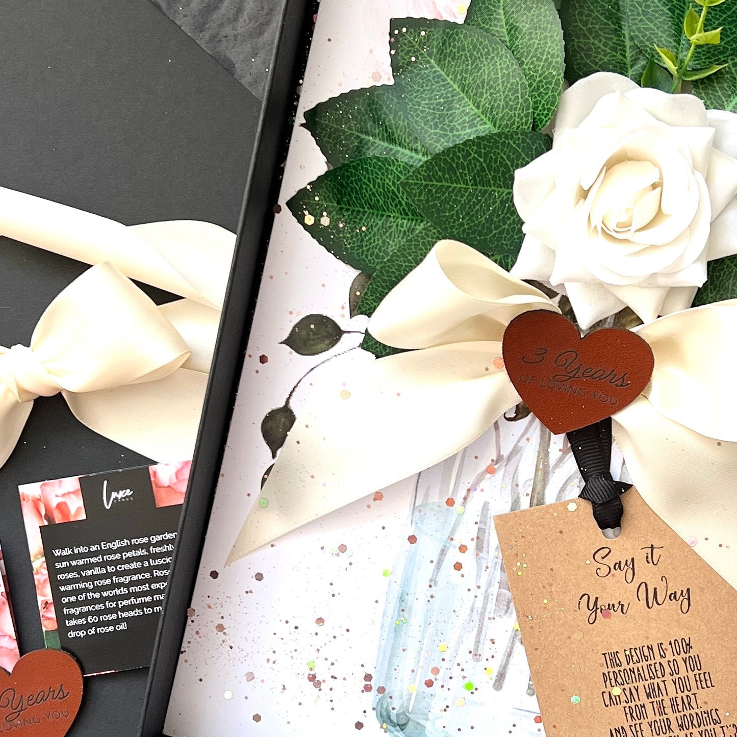 Luxury 3rd Anniversary Card | Bloom Ivory Rose & Leather Heart