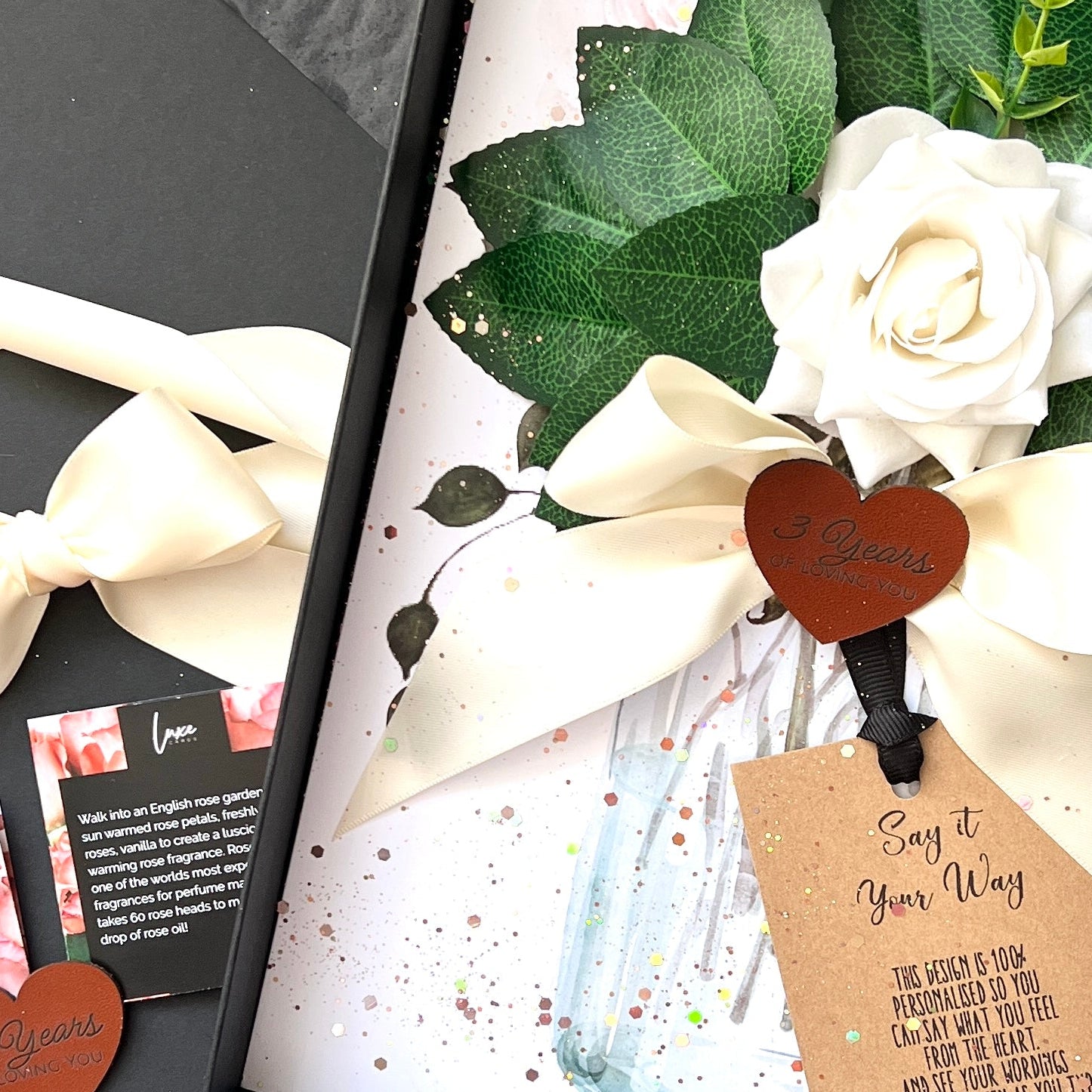 Luxury 3rd Anniversary Card | Bloom Ivory Rose & Leather Heart