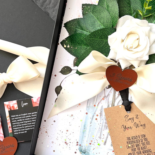 Luxury 3rd Anniversary Card | Bloom Ivory Rose & Leather Heart