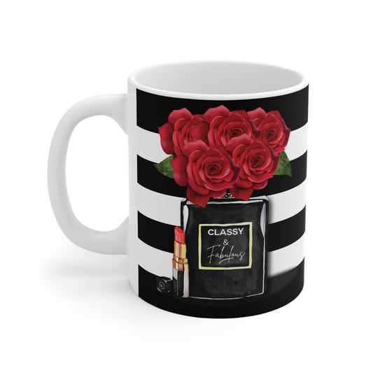 Mug with red roses and a black and white striped design featuring the text 'Classy & Fabulous'.